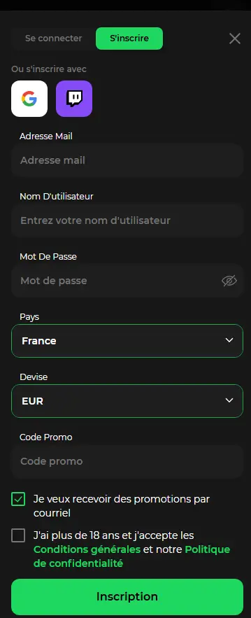 Formulaire d’inscription – création de compte joueur avec e-mail et mot de passe